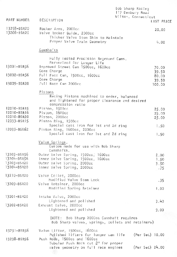 Bob Sharp 1969 Price List